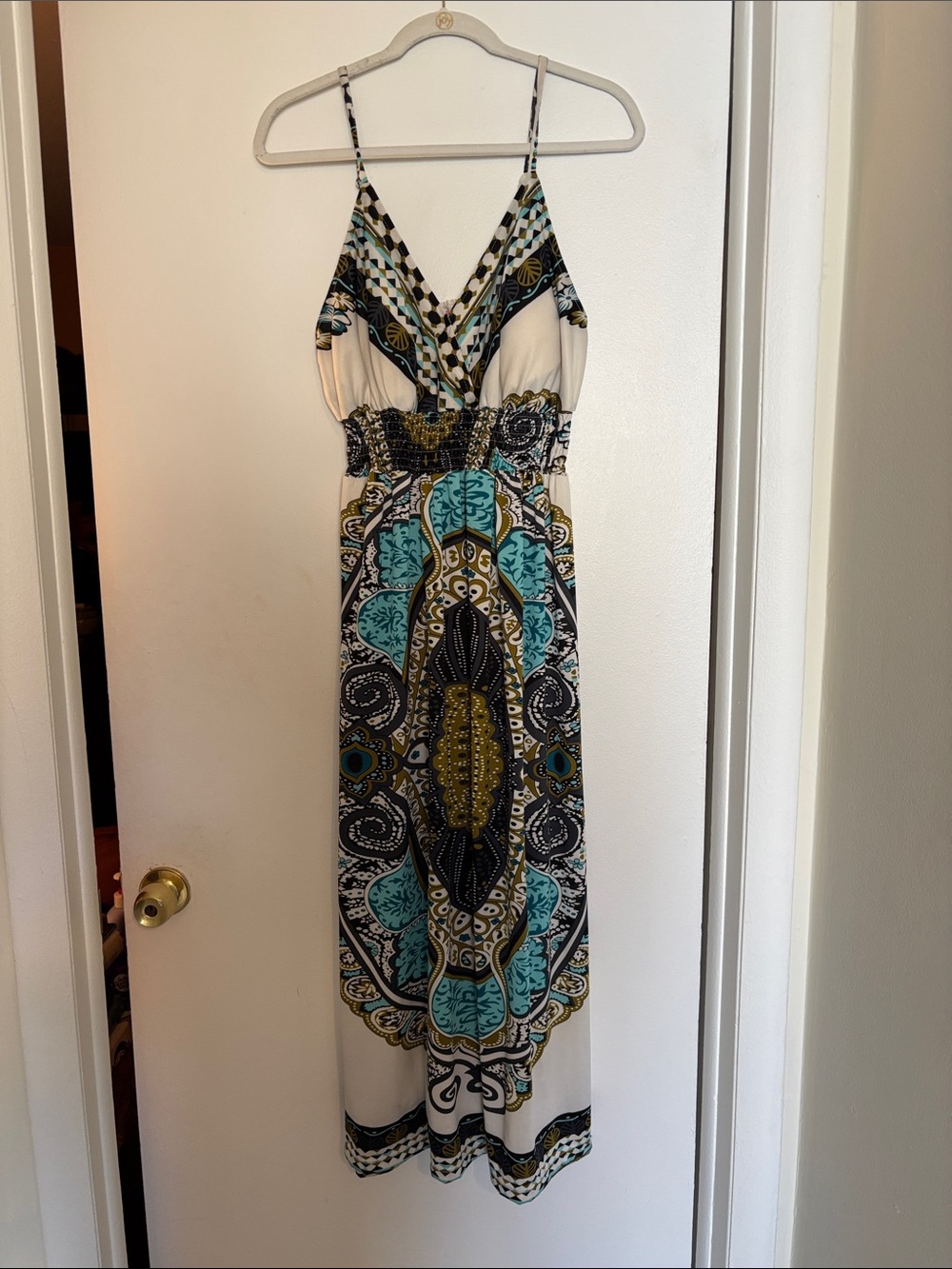 She's Cool White Maxi Dress with Teal, Black & Gold Print